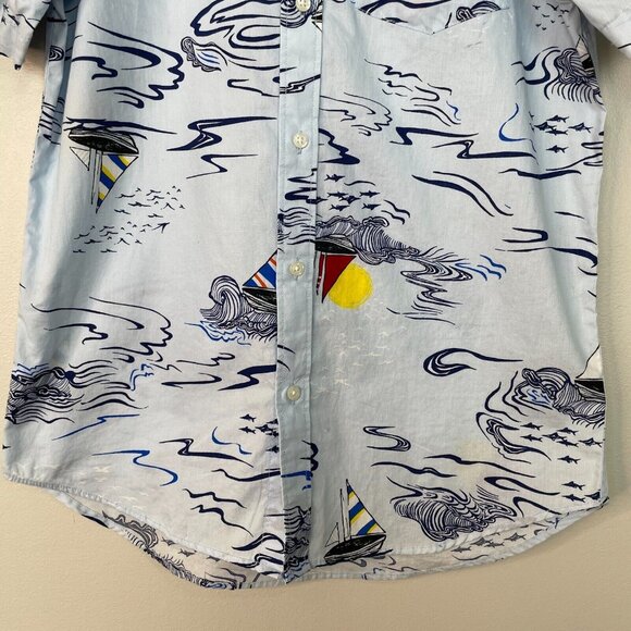 Old Navy Shirt Medium Blue Sailboats Nautical Coastal Short Sleeve Button-Up - Picture 3 of 8
